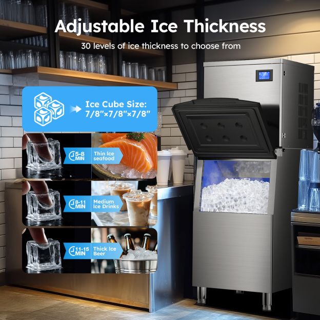 Mojgar Ice Machine offering 30 adjustable ice thickness levels, perfect for seafood, drinks, and beer. Ice cube size: 7/8"×7/8"×7/8". Ideal for commercial use with fast production times (5-15 minutes).