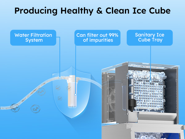 Mojgar Ice Machine equipped with a water filtration system that removes 99% of impurities, ensuring clean and healthy ice cubes. Features a sanitary ice cube tray for added hygiene.