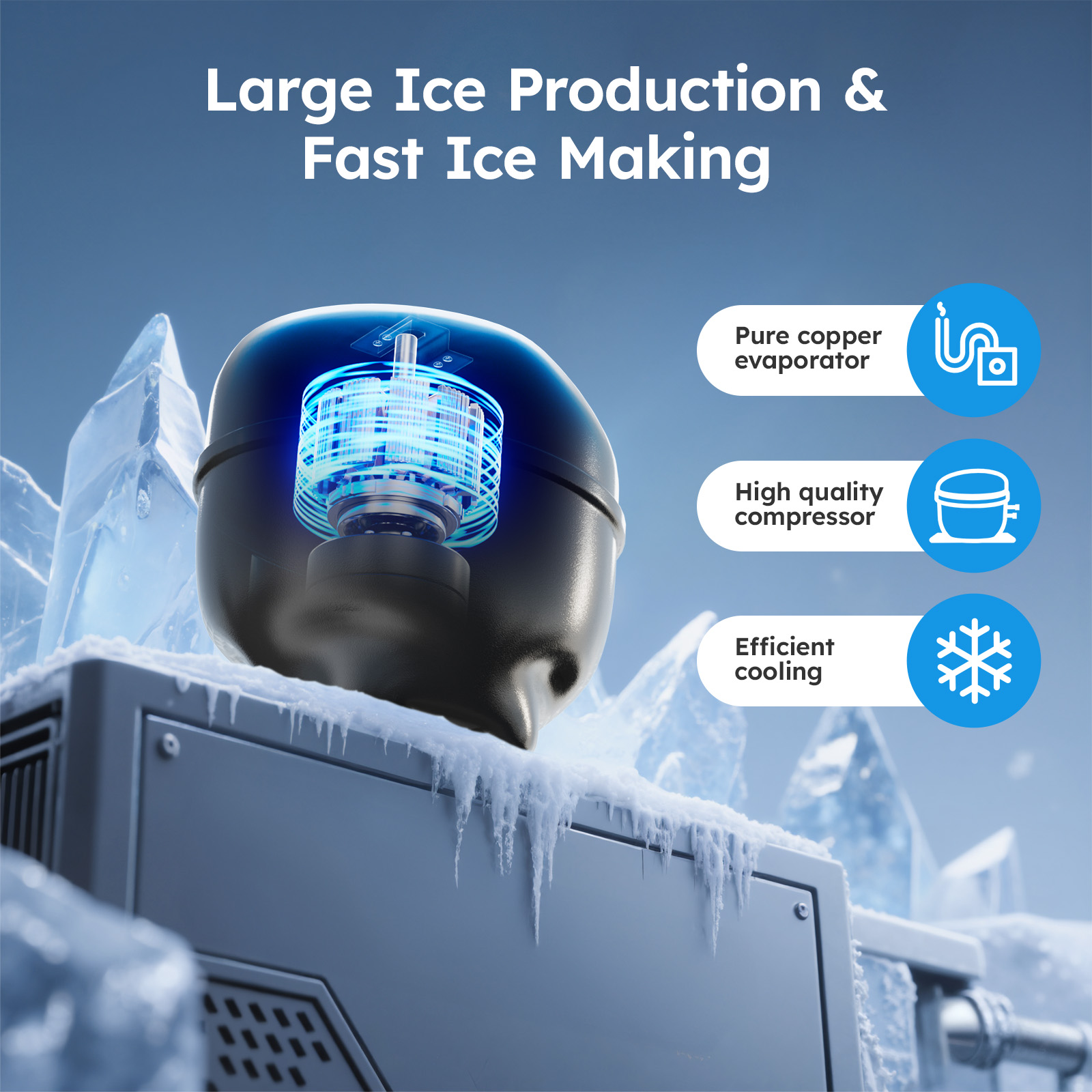 Mojgar Ice Maker featuring a pure copper evaporator, high-quality compressor, and efficient cooling system for fast and large ice production. Designed for high performance and reliability.