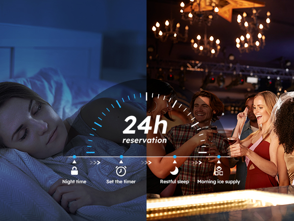 Mojgar ice maker with 24-hour reservation function, allowing you to set the timer for continuous ice production. Enjoy fresh ice in the morning, ensuring ice supply for both restful nights and lively parties.