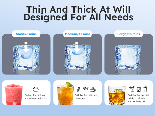 Mojgar commercial ice maker with adjustable ice cube size: small (8 mins), medium (11 mins), and large (15 mins), suitable for smoothies, drinks, cocktails, and iced whiskey, offering versatile ice production.