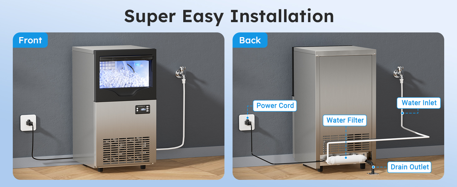 Mojgar ice maker with easy installation. Front view showing the power plug, and back view with water inlet, water filter, and drain outlet for seamless setup in home or commercial spaces.