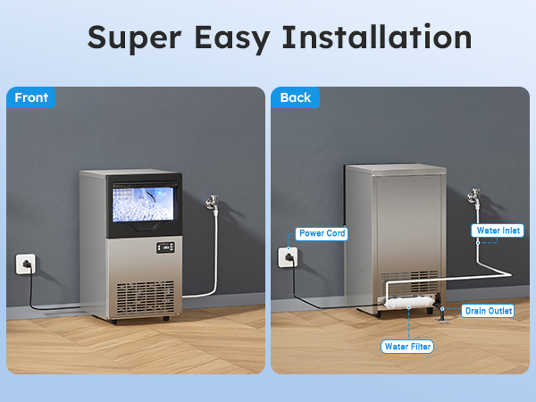Mojgar ice maker with easy installation. Front view showing the power plug, and back view with water inlet, water filter, and drain outlet for seamless setup in home or commercial spaces.