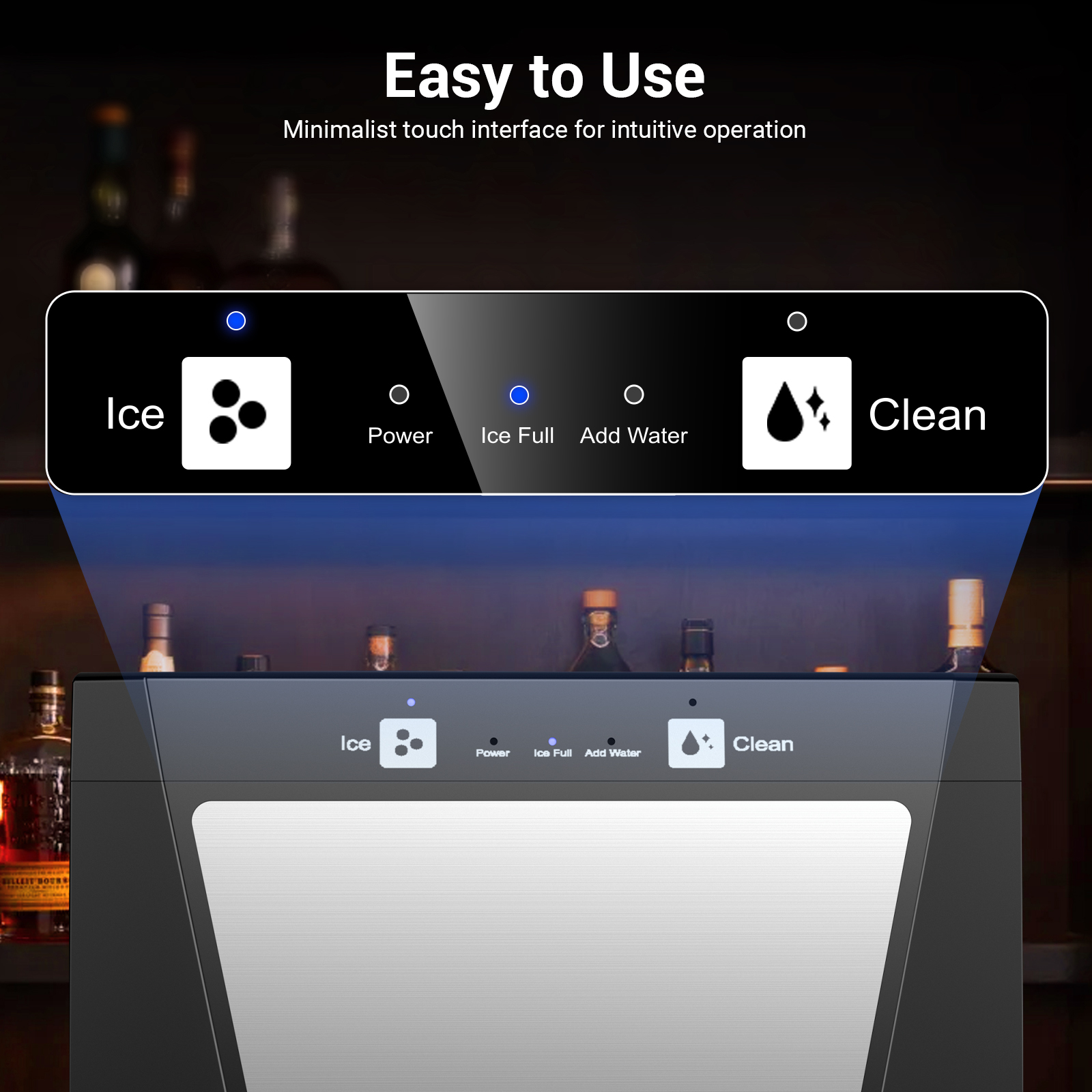 Mojgar Ice Ball Maker features a minimalist touch interface with easy control for ice production, water refill, and self-cleaning. Simple and intuitive operation for daily use, perfect for home bars and cocktail lovers.
