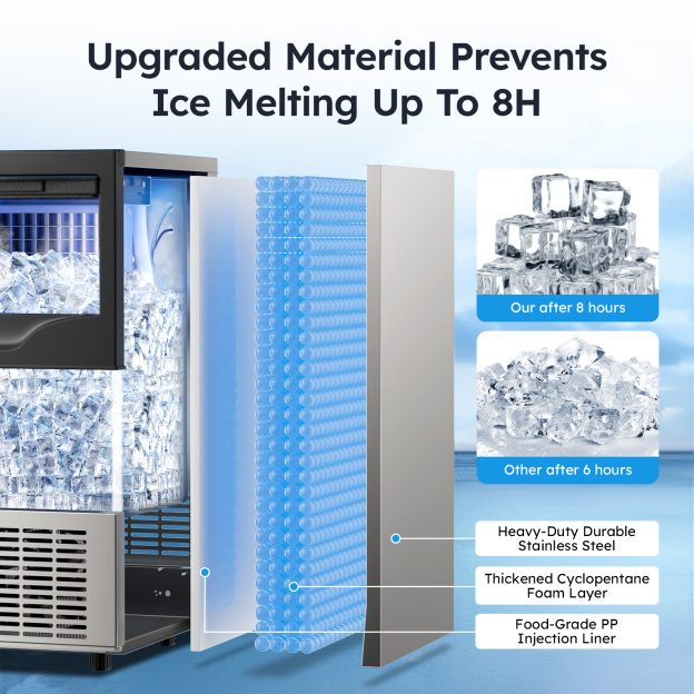 Mojgar commercial ice maker with upgraded insulation materials, featuring thickened Cyclopentane foam and a food-grade PP injection liner to prevent ice from melting for up to 8 hours. Durable stainless steel design.