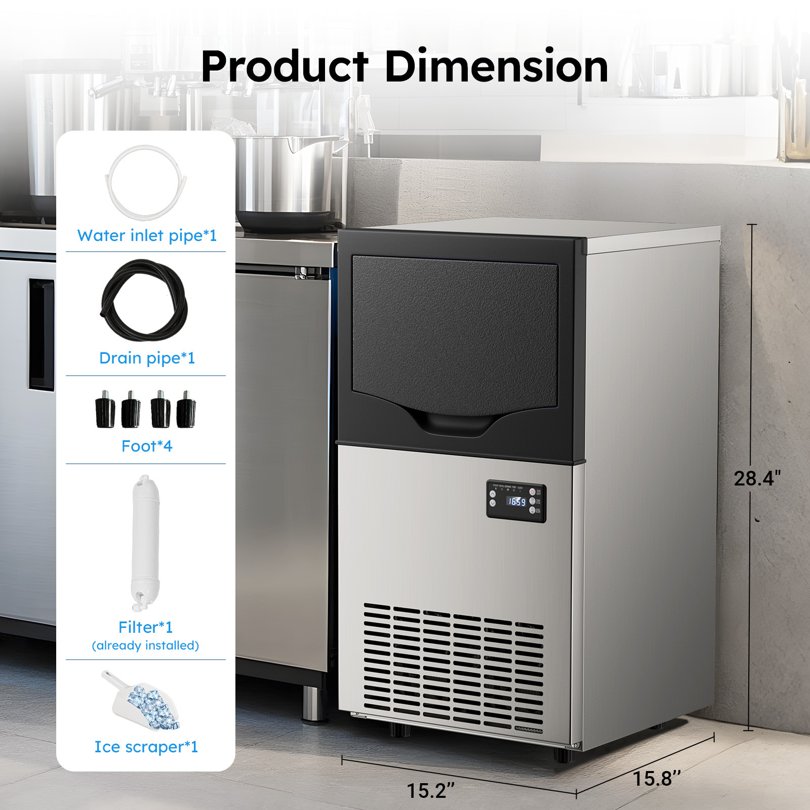 Mojgar commercial ice maker with product dimensions (15.2 x 15.8 x 28.4 inches) and included accessories: water inlet pipe, drain pipe, feet (4), filter (pre-installed), and ice scraper for easy use.