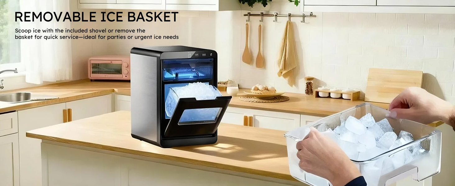 Mojgar Ice Maker with removable ice basket for easy access to fresh ice. Perfect for parties or urgent ice needs, offering quick service and convenient storage in a compact design.