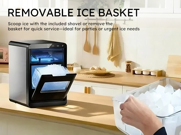 Mojgar Ice Maker with removable ice basket for easy access to fresh ice. Perfect for parties or urgent ice needs, offering quick service and convenient storage in a compact design.
