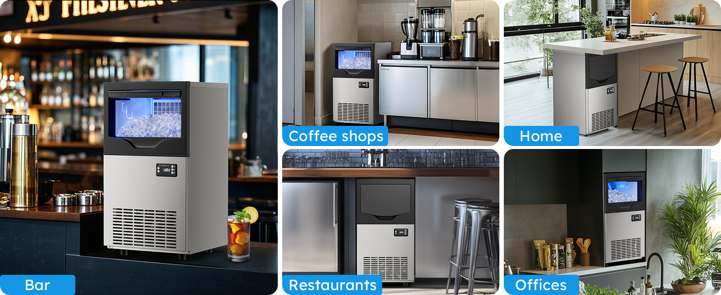 Mojgar ice maker with easy installation. Front view showing the power plug, and back view with water inlet, water filter, and drain outlet for seamless setup in home or commercial spaces.