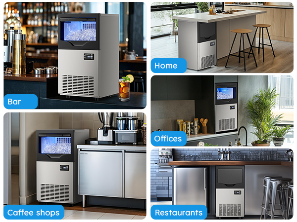 Mojgar ice maker with easy installation. Front view showing the power plug, and back view with water inlet, water filter, and drain outlet for seamless setup in home or commercial spaces.