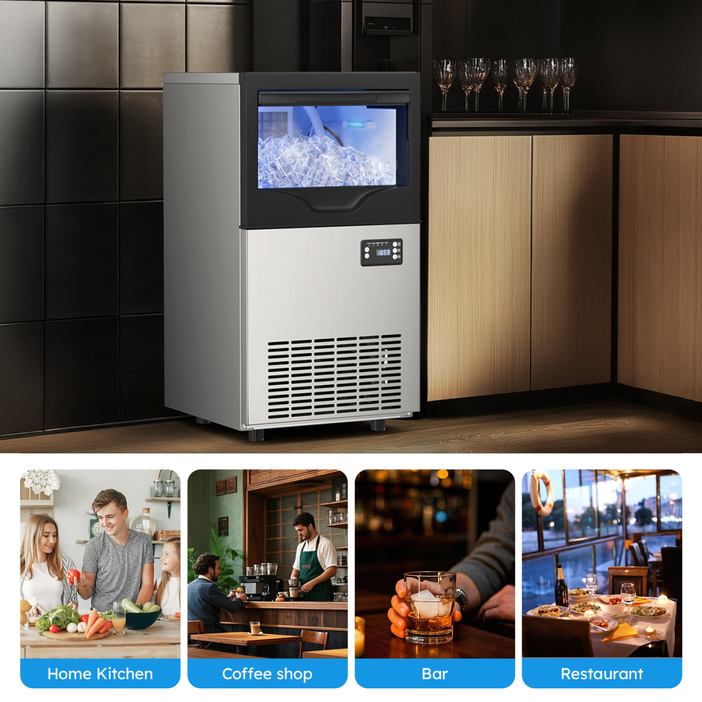 Mojgar commercial ice maker shown in various settings: home kitchen, coffee shop, bar, and restaurant, providing ice for drinks and culinary needs in diverse environments.