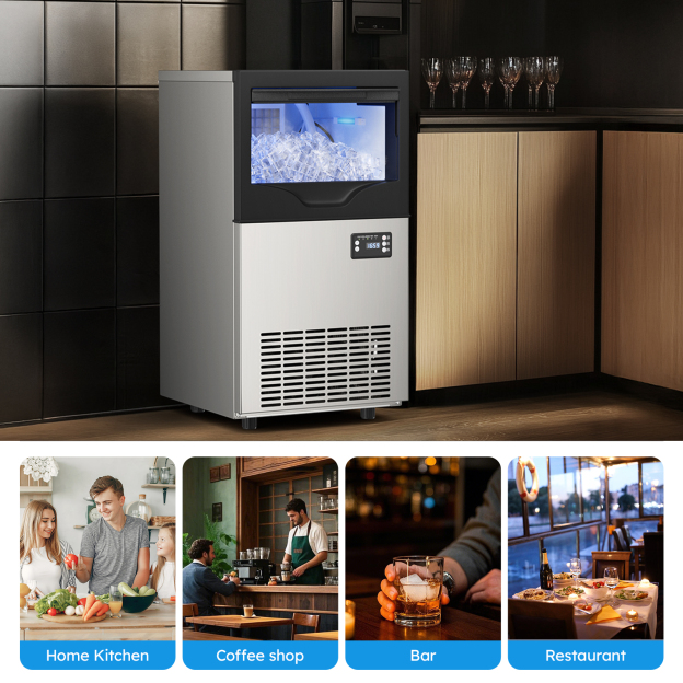 Mojgar commercial ice maker shown in various settings: home kitchen, coffee shop, bar, and restaurant, providing ice for drinks and culinary needs in diverse environments.