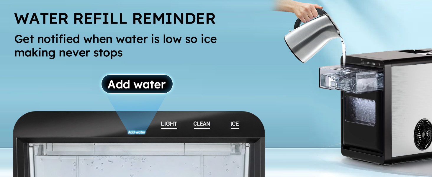 Mojgar Ice Maker with water refill reminder, ensuring continuous ice production. Convenient feature to notify you when water is low, keeping the ice-making process smooth without interruptions.