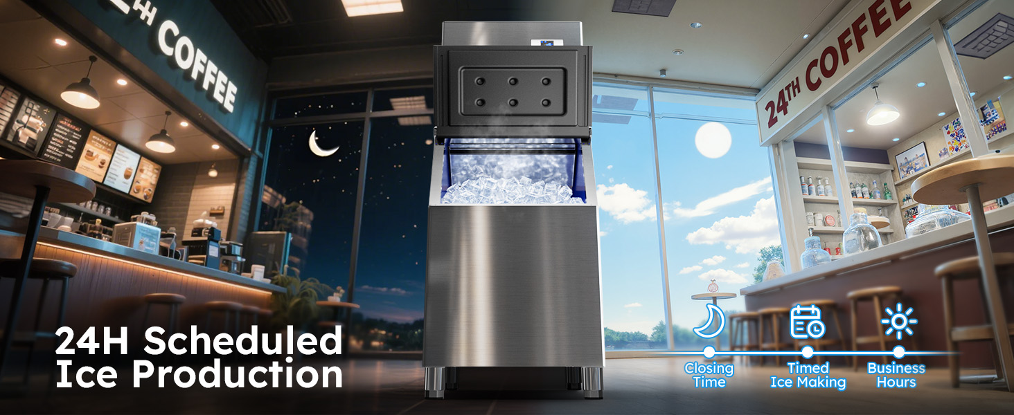 Mojgar Ice Maker with scheduled 24-hour ice production for businesses, allowing timed ice making based on business hours or closing times. Ideal for coffee shops and other commercial settings.