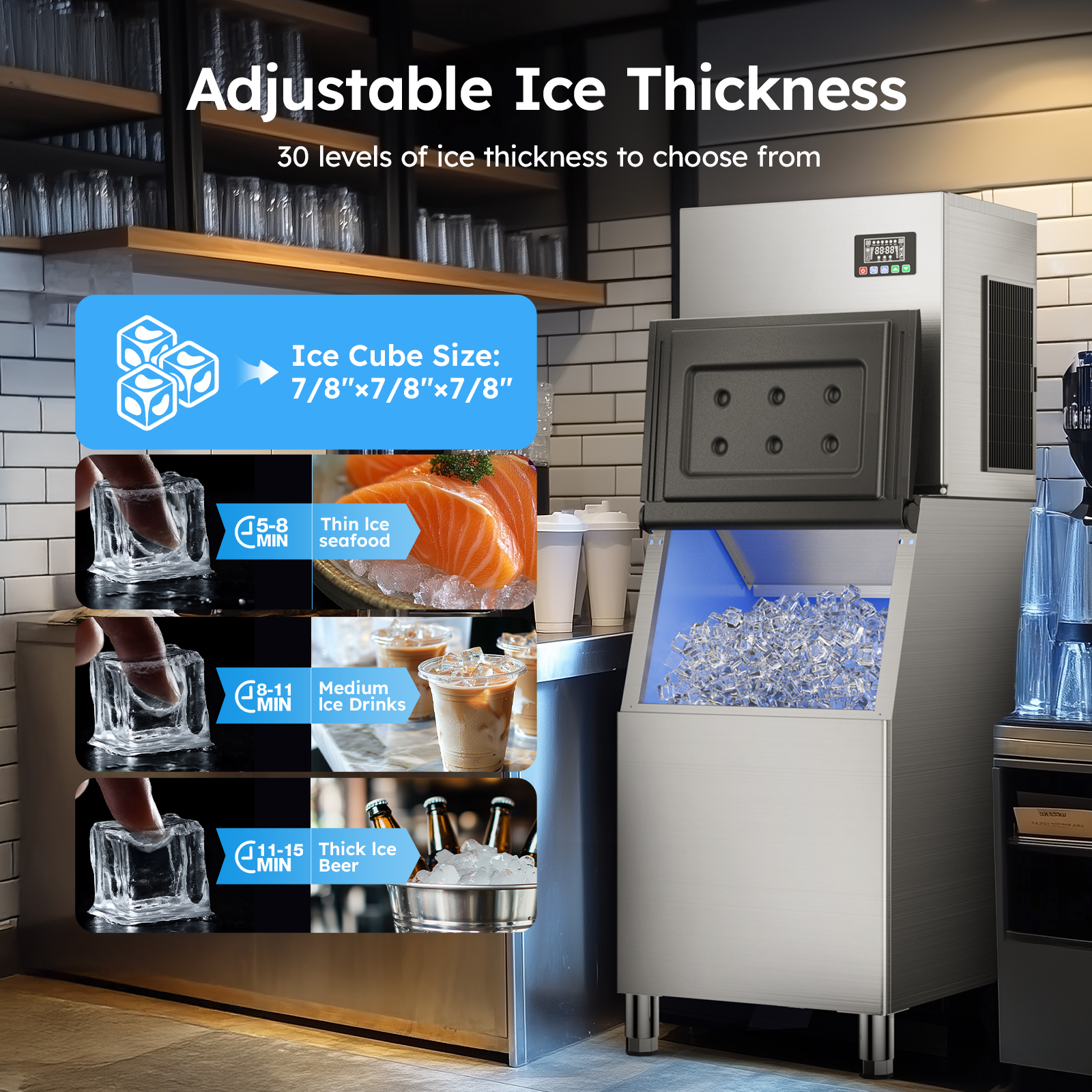 Mojgar Ice Maker with 30 adjustable ice thickness levels, perfect for various needs. Thin ice for seafood, medium ice for drinks, and thick ice for beer, offering versatile solutions for commercial use.