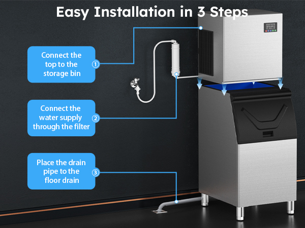 Mojgar Ice Maker featuring easy installation in 3 steps: connect to the storage bin, water supply, and floor drain. Simple setup for quick use in commercial environments like restaurants and bars.