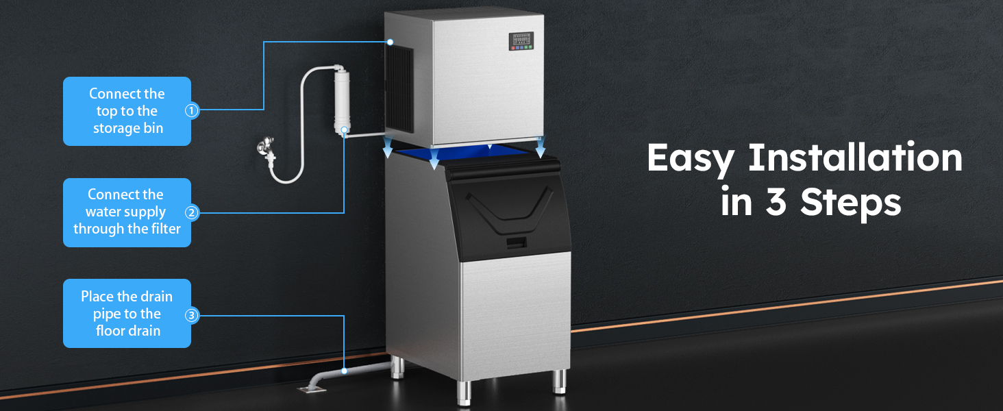 Mojgar Ice Maker featuring easy installation in 3 steps: connect to the storage bin, water supply, and floor drain. Simple setup for quick use in commercial environments like restaurants and bars.