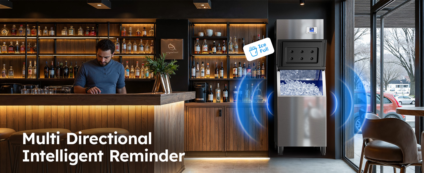 Mojgar Ice Maker featuring a multi-directional intelligent reminder for easy monitoring, with an "Ice Full" indicator. Perfect for commercial settings like bars and restaurants, ensuring constant ice availability.