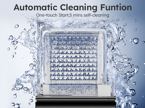 Mojgar Ice Maker with a one-touch start automatic cleaning function, completing a 5-minute self-cleaning cycle for hassle-free maintenance and clean ice production.