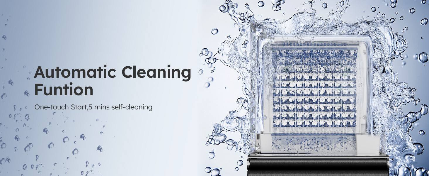 Mojgar Ice Maker with a one-touch start automatic cleaning function, completing a 5-minute self-cleaning cycle for hassle-free maintenance and clean ice production.
