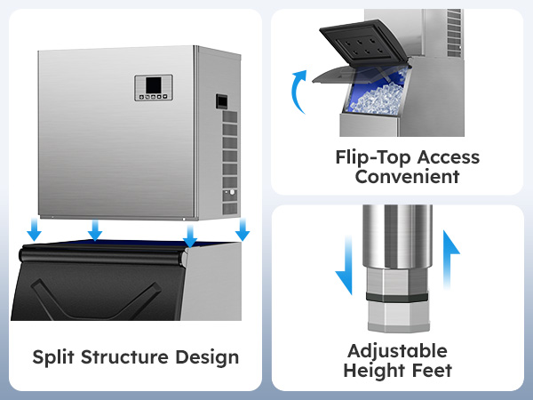 Mojgar Ice Maker featuring a split structure design for easy access, flip-top for convenient ice retrieval, and adjustable height feet for stable operation in commercial settings like bars and restaurants.
