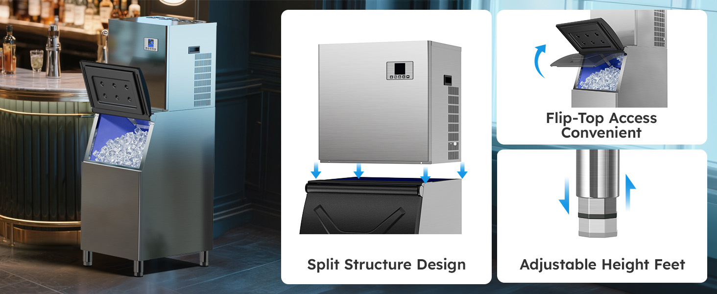 Mojgar Ice Maker featuring a split structure design for easy access, flip-top for convenient ice retrieval, and adjustable height feet for stable operation in commercial settings like bars and restaurants.