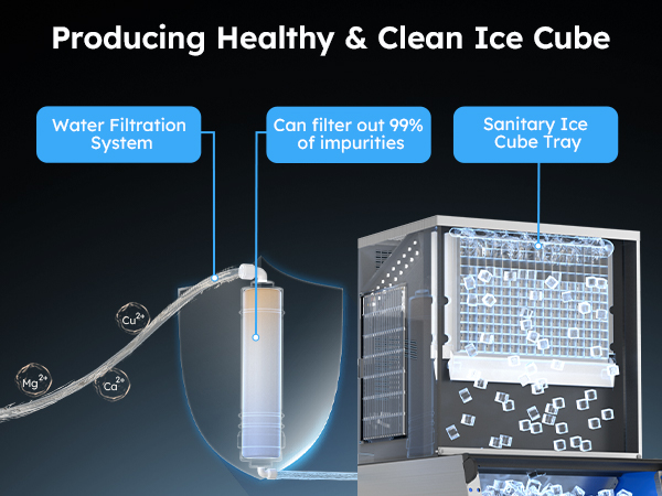 Mojgar Ice Maker features a water filtration system that removes 99% of impurities, ensuring clean, healthy ice. The sanitary ice cube tray enhances hygiene for commercial and home use.