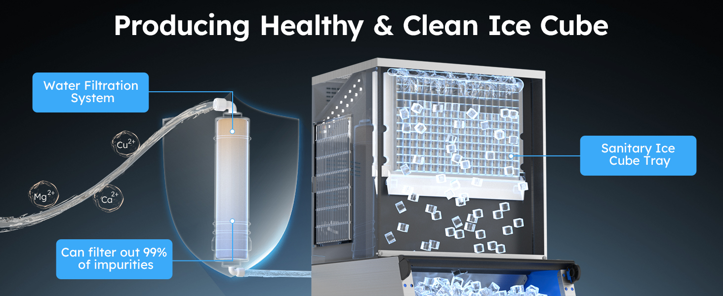 Mojgar Ice Maker features a water filtration system that removes 99% of impurities, ensuring clean, healthy ice. The sanitary ice cube tray enhances hygiene for commercial and home use.