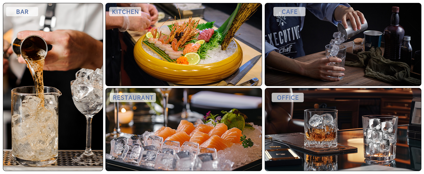 Versatile applications of commercial ice maker shown in different settings: bar, kitchen, cafe, restaurant, and office, featuring drinks and dishes served with high-quality ice.