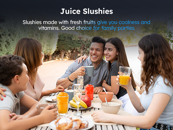 Family enjoying juice slushies made with fresh fruits, providing coolness and vitamins. The Mojgar slush machine is a great choice for family gatherings, offering refreshing drinks ideal for warm-weather celebrations.