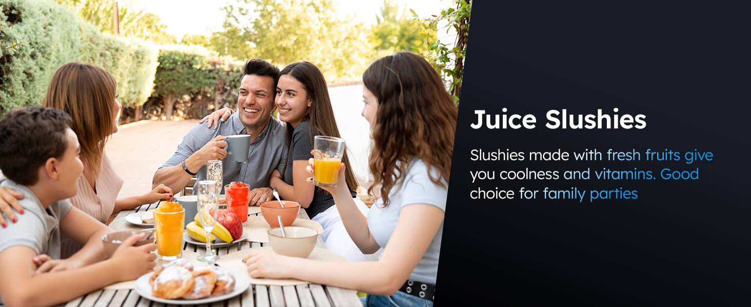Family enjoying juice slushies made with fresh fruits, providing coolness and vitamins. The Mojgar slush machine is a great choice for family gatherings, offering refreshing drinks ideal for warm-weather celebrations.