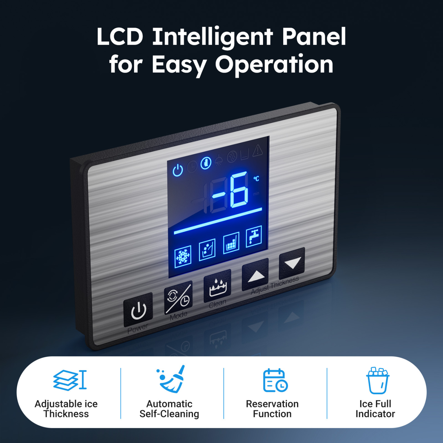 Mojgar LCD Intelligent Control Panel featuring adjustable ice thickness, automatic self-cleaning, reservation function, and ice full indicator for easy operation and efficient ice production.
