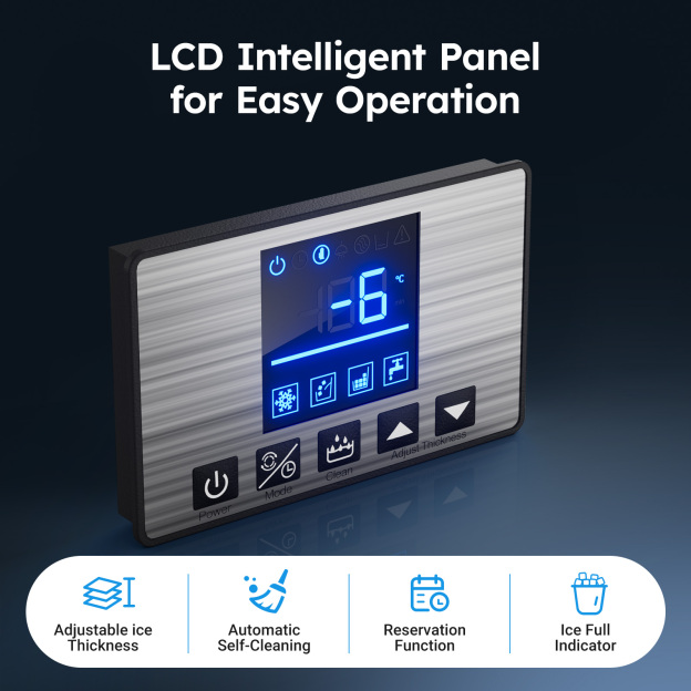 Mojgar LCD Intelligent Control Panel featuring adjustable ice thickness, automatic self-cleaning, reservation function, and ice full indicator for easy operation and efficient ice production.