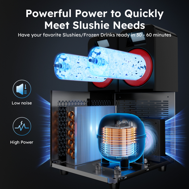 Mojgar Margarita Machine features powerful cooling technology with low noise and high power, ensuring your slushies and frozen drinks are ready in 30-60 minutes. Ideal for quick and efficient frozen drink preparation.