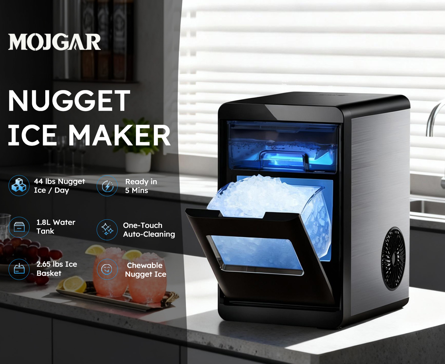 Mojgar Nugget Ice Maker with a sleek design, producing up to 44Lbs of chewable nugget ice per day. Features a 1.8L water tank, one-touch auto-cleaning, and a 2.65L ice basket for easy serving. Perfect for home or office use.