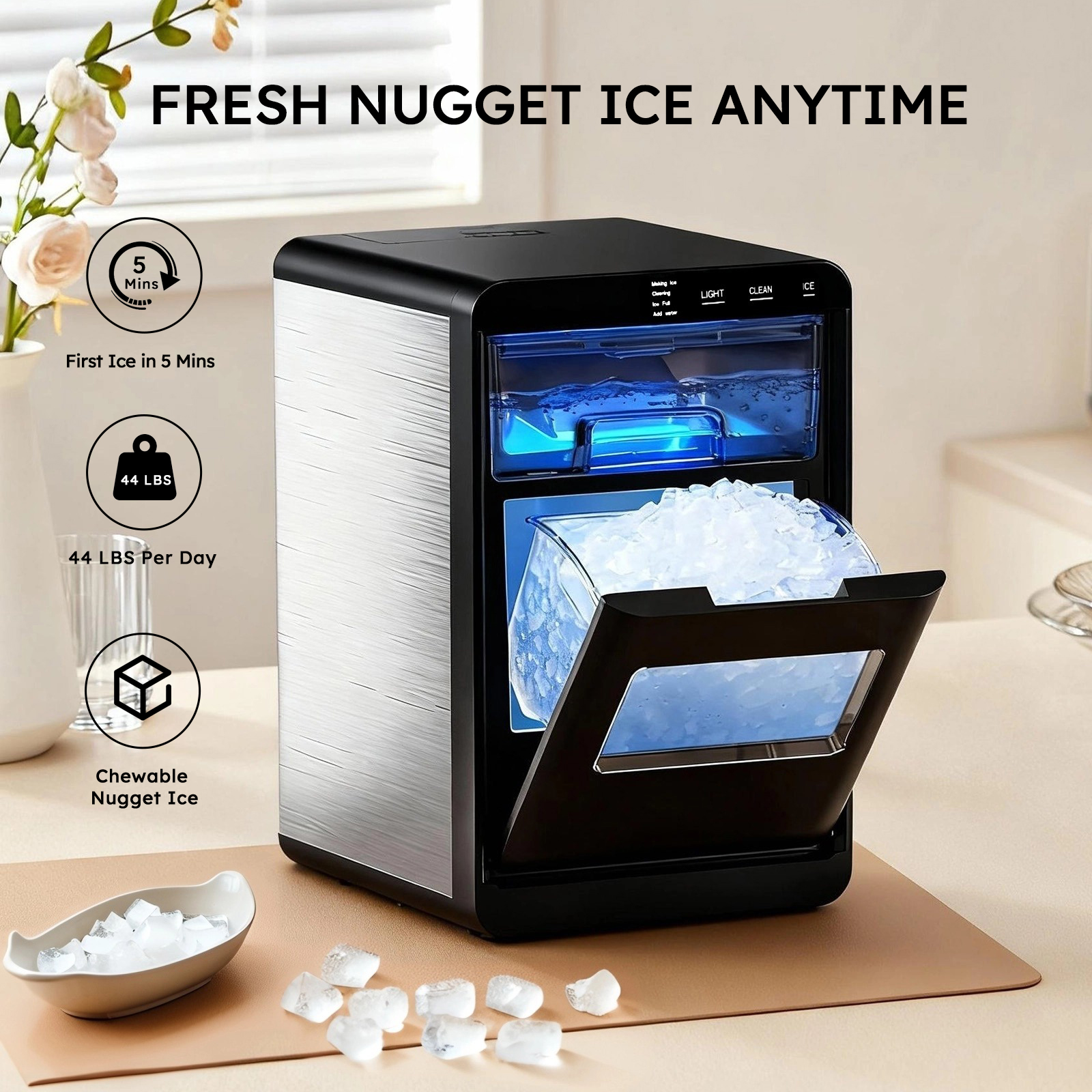 Mojgar Nugget Ice Maker producing up to 44Lbs of chewable ice per day. Compact and stylish countertop design with a transparent drawer. First batch ready in just 5 minutes. Self-cleaning function for easy maintenance. Perfect for home, office, or kitchen use.
