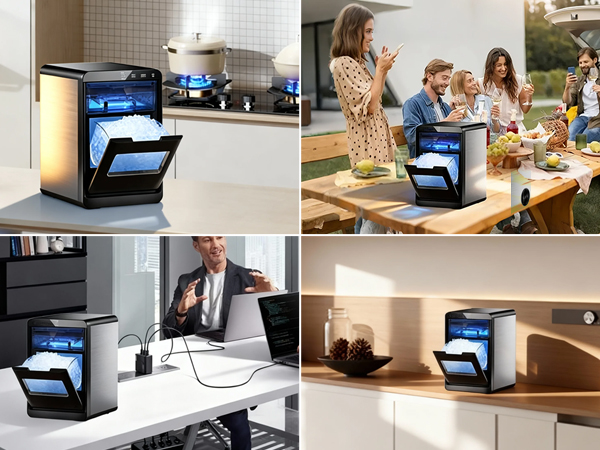 Mojgar Nugget Ice Maker with compact design, producing chewable nugget ice for home, office, and outdoor settings. Ideal for parties, gatherings, and daily use, offering convenience and portability.