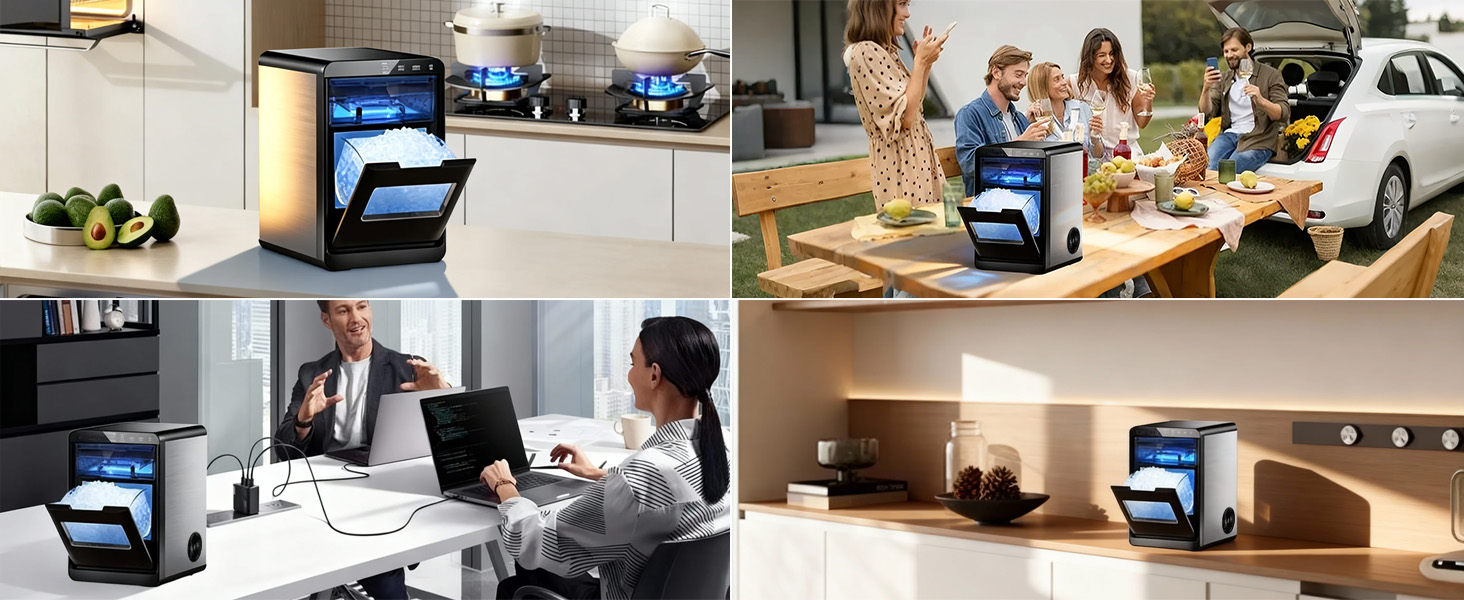 Mojgar Nugget Ice Maker with compact design, producing chewable nugget ice for home, office, and outdoor settings. Ideal for parties, gatherings, and daily use, offering convenience and portability.