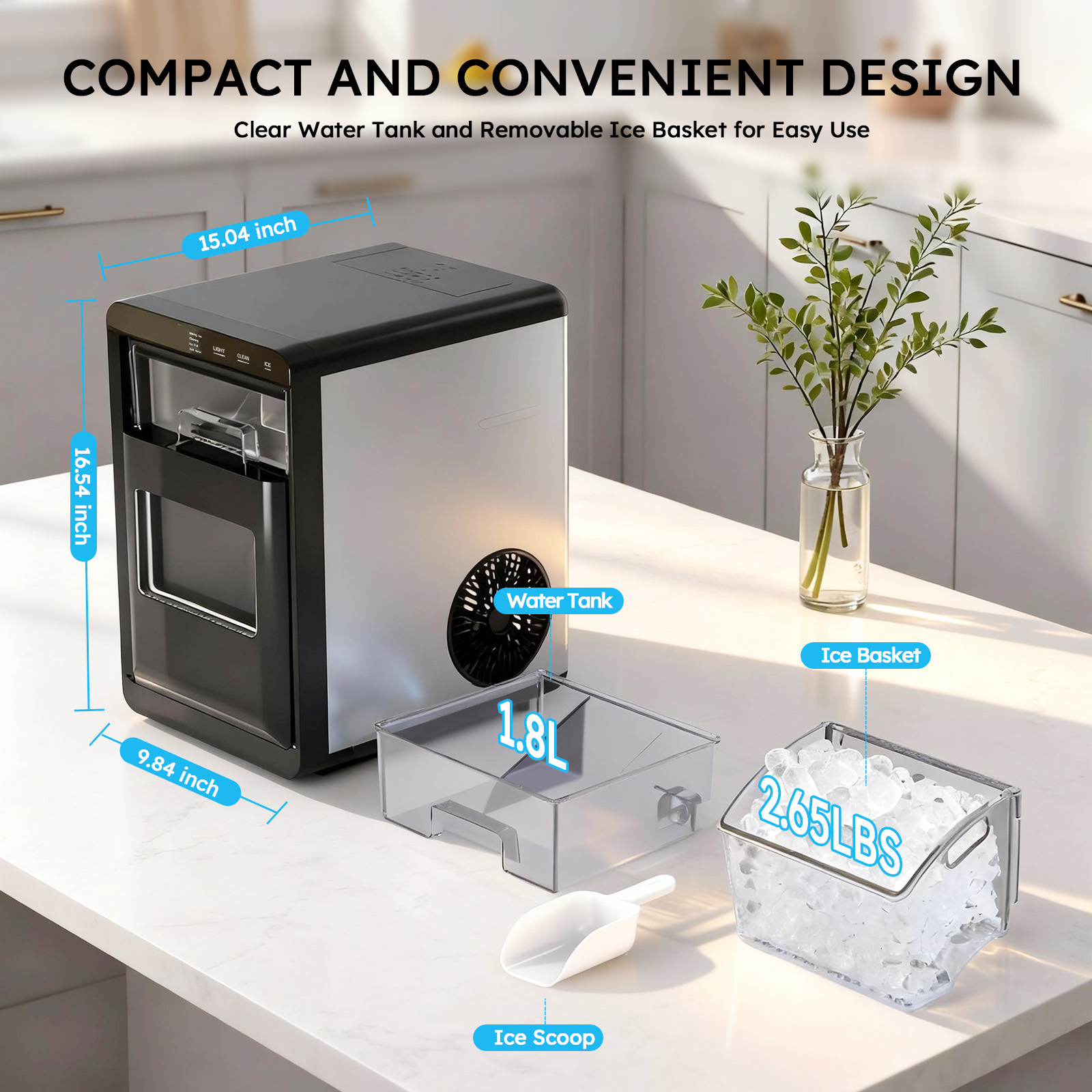 Mojgar Nugget Ice Maker featuring a compact design with a 1.8L water tank and 2.65L ice basket. Removable ice basket for easy use and storage. Ideal for home, kitchen, or office use with a sleek stainless steel exterior. Includes ice scoop for quick serving.
