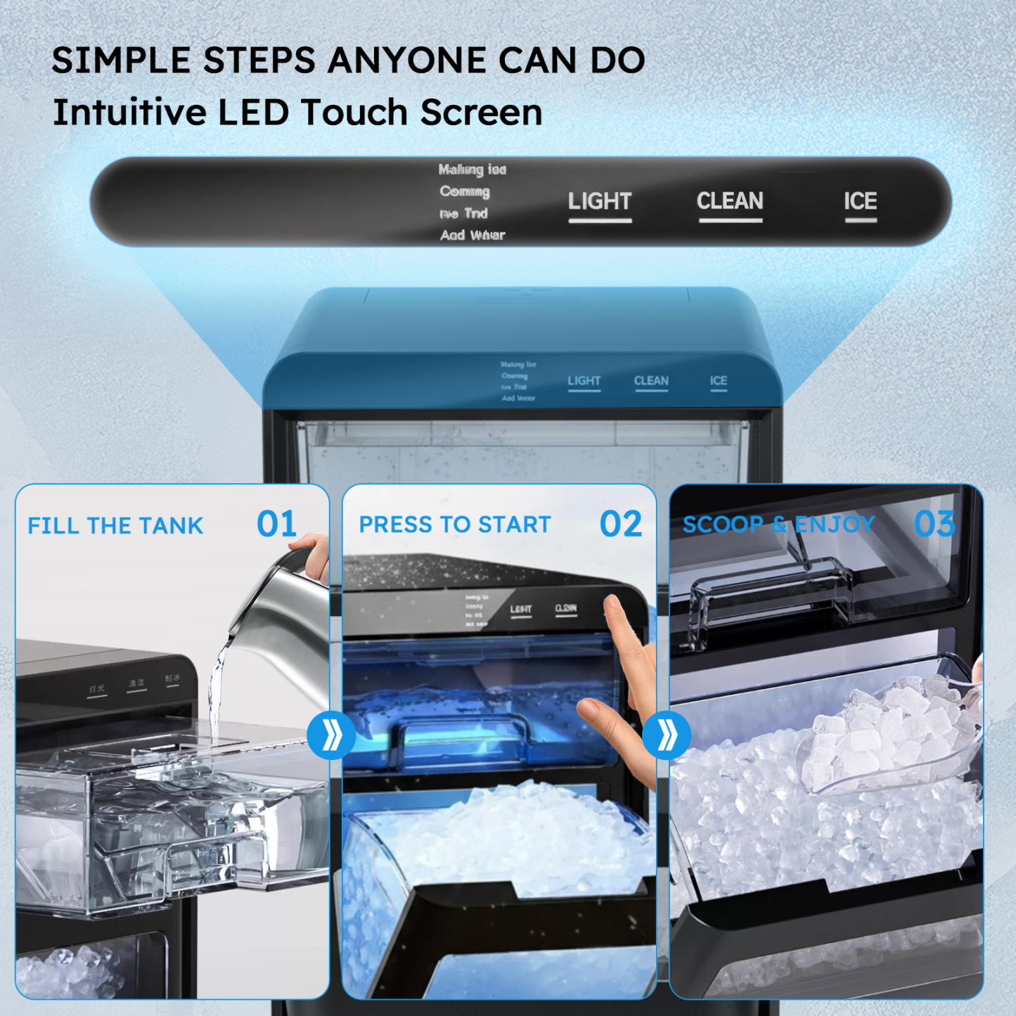 Mojgar Nugget Ice Maker with intuitive LED touch screen for simple operation. Easily fill the tank, press start, and enjoy chewable nugget ice. Produces fresh ice quickly, perfect for home, office, or parties. Compact and user-friendly design for effortless upkeep.