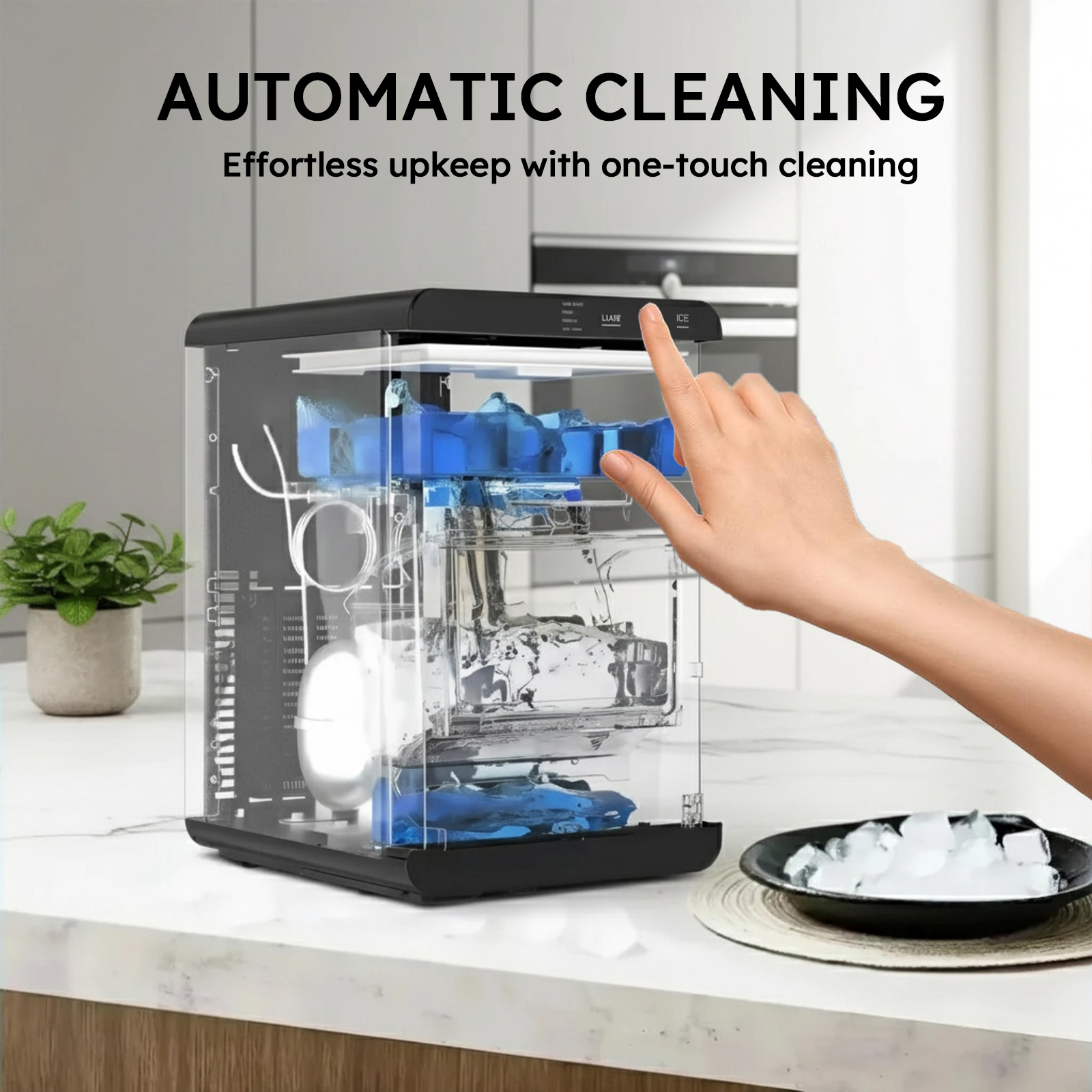 Mojgar Nugget Ice Maker with one-touch self-cleaning feature for effortless upkeep. Compact design with transparent panels to easily monitor ice production. Ideal for home, kitchen, or office use. Produces chewable ice quickly with a sleek, modern appearance.