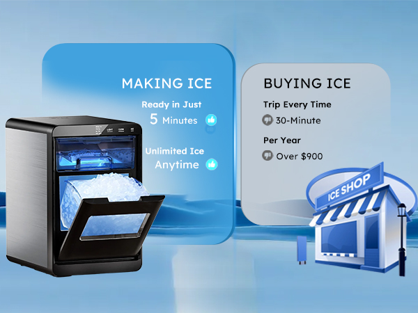 Mojgar Nugget Ice Maker providing unlimited chewable ice anytime. Save on ice purchases with the ability to make fresh ice in just 5 minutes. Perfect for home, office, or parties.