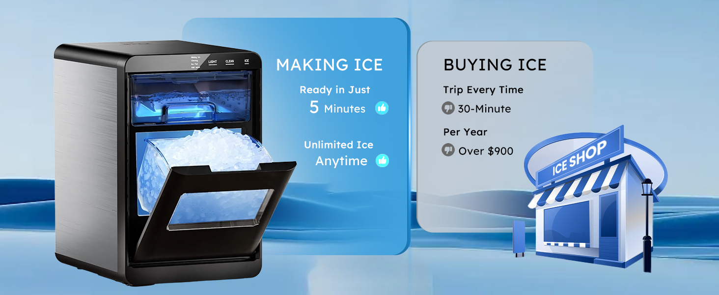 Mojgar Nugget Ice Maker providing unlimited chewable ice anytime. Save on ice purchases with the ability to make fresh ice in just 5 minutes. Perfect for home, office, or parties.