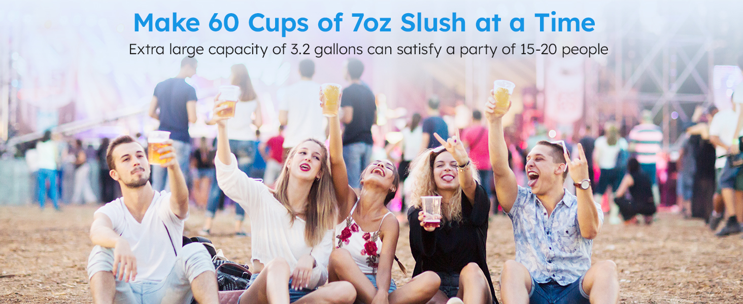 Mojgar slush machine can produce 60 cups of 7oz slush at a time, with a 3.2-gallon capacity to satisfy parties of 15.20 people, making it ideal for gatherings and events.