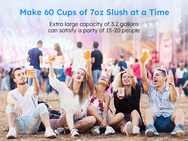 Mojgar slush machine can produce 60 cups of 7oz slush at a time, with a 3.2-gallon capacity to satisfy parties of 15.20 people, making it ideal for gatherings and events.