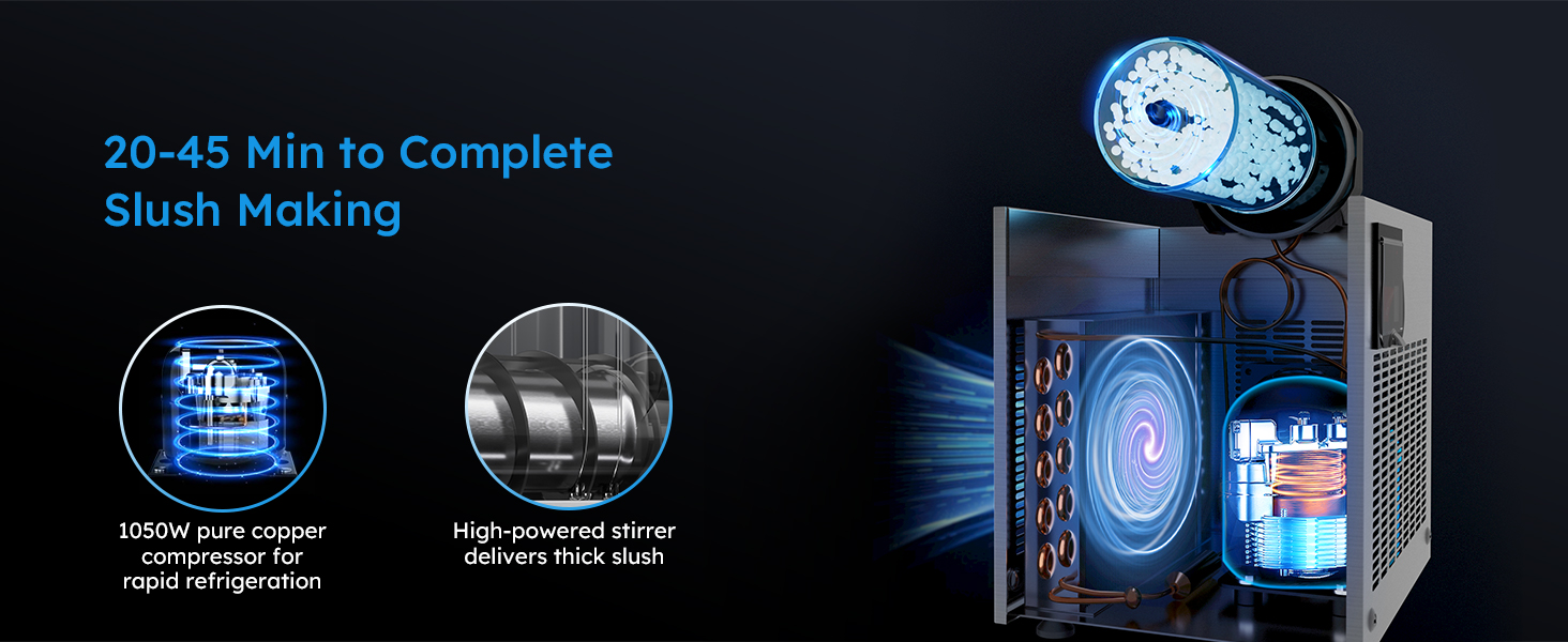 Mojgar slush machine completes slush making in 20-45 minutes with a 1050W pure copper compressor for fast refrigeration and a high-powered stirrer for thick, smooth slush. Efficient design ideal for quick, high-quality frozen drinks.