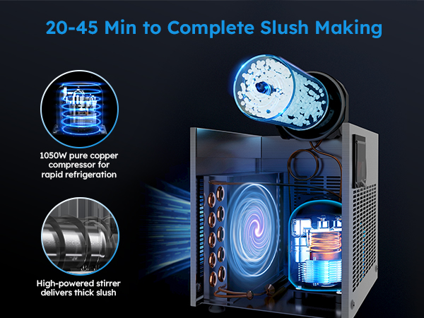 Mojgar slush machine completes slush making in 20-45 minutes with a 1050W pure copper compressor for fast refrigeration and a high-powered stirrer for thick, smooth slush. Efficient design ideal for quick, high-quality frozen drinks.