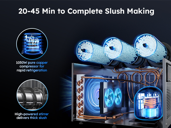 Mojgar slush machine completes slush making in 20-45 minutes with a 1050W pure copper compressor for fast refrigeration and a high-powered stirrer for thick, smooth slush. Efficient design ideal for quick, high-quality frozen drinks.