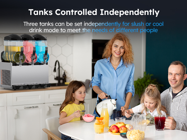 Mojgar slush machine control panel with easy-to-use A/B/C tank selectors, allowing independent slush or cold drink settings for each tank. Features main power switch and individual tank stirrer controls for simple operation.