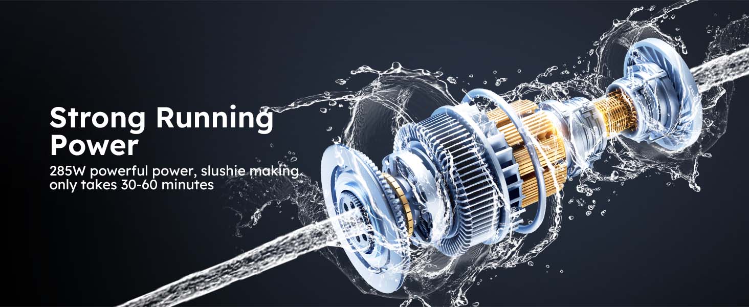 Mojgar Slushie Machine with 285W powerful motor for fast slushie production. Creates frozen drinks in just 30-60 minutes, delivering quick and efficient results for both home and commercial use.